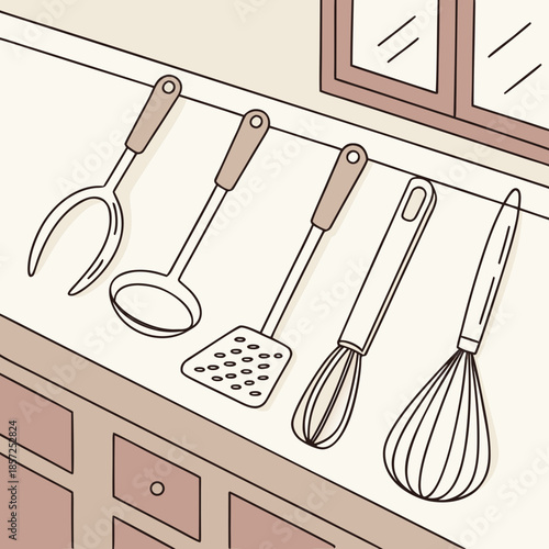 A minimalist illustration displaying kitchen utensils hanging near a window