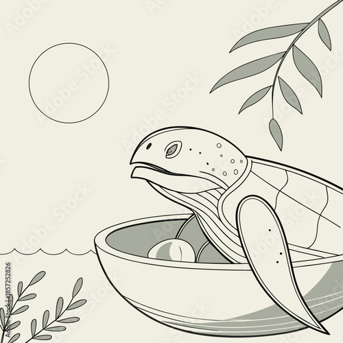 A whimsical illustration of a turtle in a boat with botanical elements