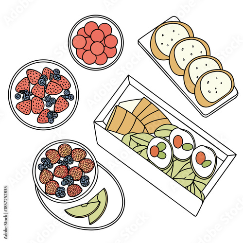 A colorful assortment of fruits bread cheese and sliced vegetables presented overhead