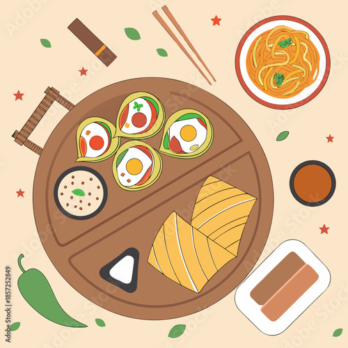 A colorful flat lay of sushi noodles and various asian cuisine elements