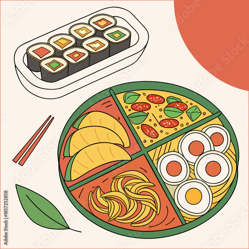 Delicious japanese cuisine sushi rolls and bento box with various foods