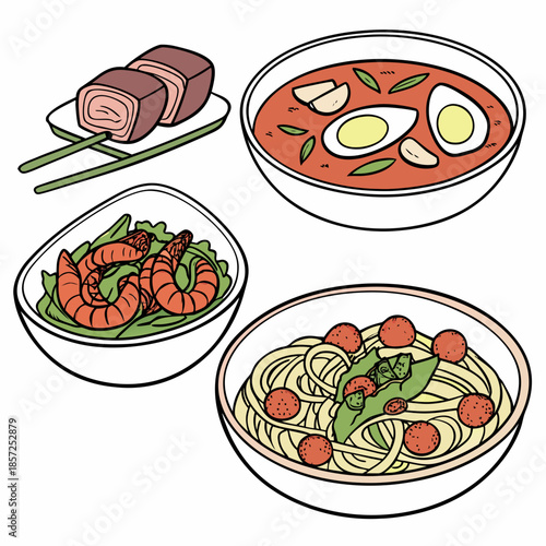 A colorful cartoon illustration of various dishes including pasta soup and seafood