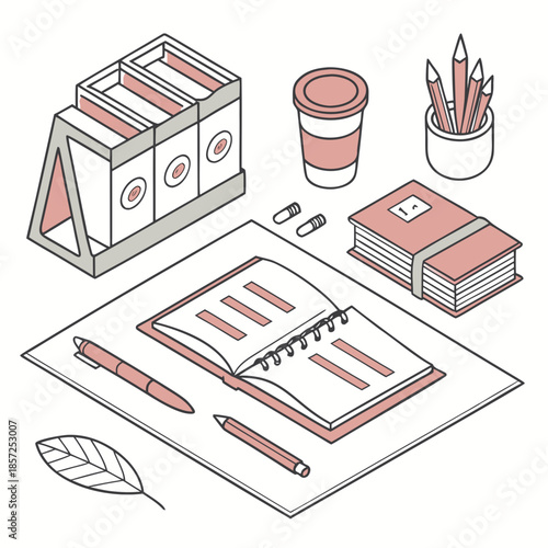 An isometric illustration of a tidy workspace with stationery and office supplies