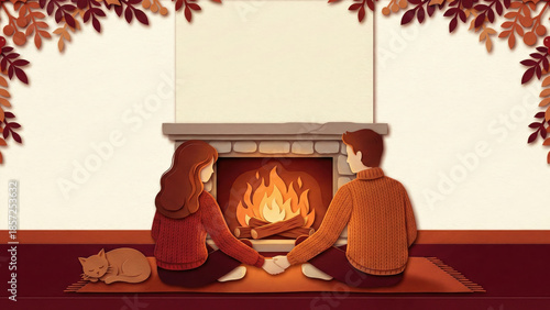 Couple silhouette papercut art autumn fireplace cozy warm sweater home love cat