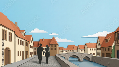 Couple silhouette papercut art romantic town street walk under blue sky