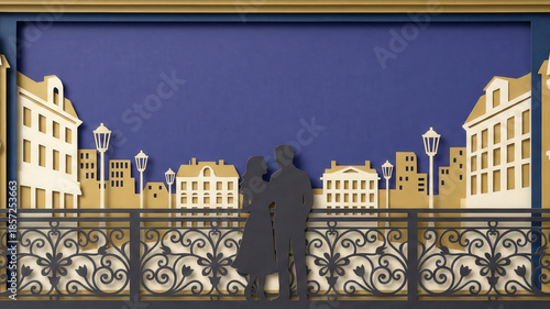 Couple silhouette papercut art romantic city balcony night sky elegant urban scene warm light serene mood
