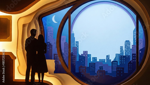 Couple silhouette papercut art romantic city night window view modern dreamy