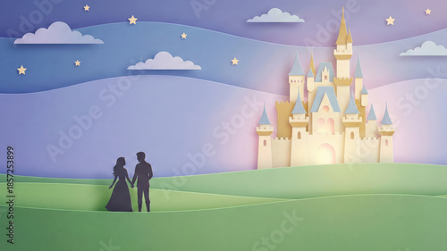 Couple silhouette papercut art romantic fairytale castle under starry sky dreamy landscape fantasy love scene night horizon glow