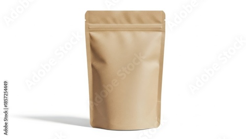 Blank kraft paper stand up pouch with zipper closure isolated on white background