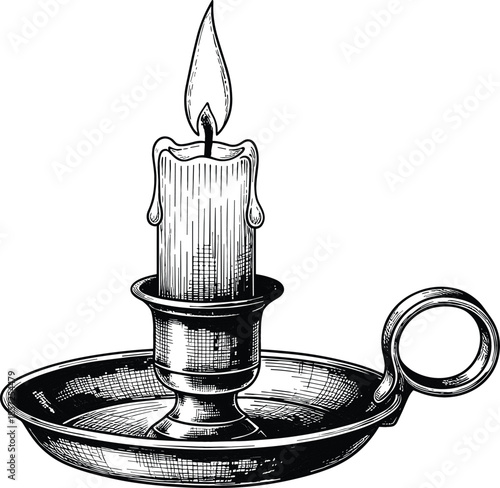 Vintage woodcut burning candle in traditional chamberstick metal holder illustration with detailed black ink cross hatching textures.