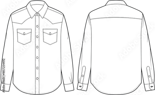 Men, long, sleeve, button, down, shirt, technical, sketch, front, back, view, vector, line, art, illustration, fashion, design, template, apparel, pattern