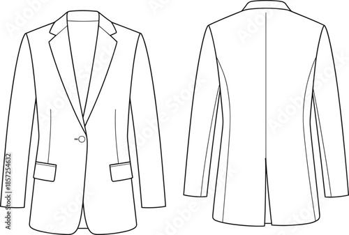 Men tailored blazer jacket technical sketch front and back view vector line art illustration for fashion design template use professional