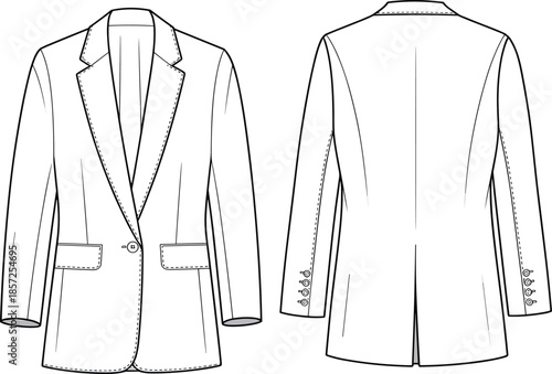 Men tailored blazer jacket technical sketch front and back view vector line art illustration for fashion design template use professional
