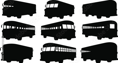 Bus silhouette collection, public transport icons, side view buses, black vehicle shapes, isolated graphic design, urban mobility, transit illustration