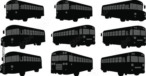 Bus silhouette vector, black icons, public transport, side view, front design, window variation, urban mobility, vehicle comparison, collection