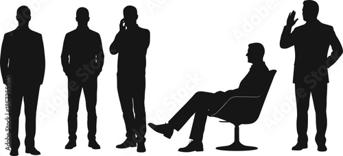 Business professional silhouettes, office teamwork, corporate collaboration, leadership concept, executive staff standing, seated figure
