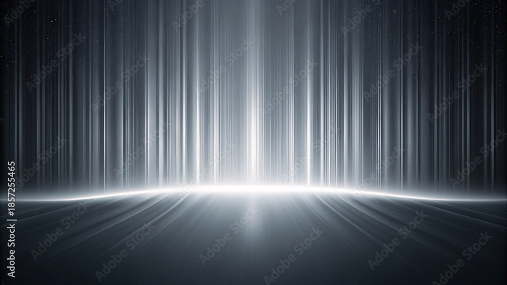 Fototapeta premium An intense, dramatic monochrome scene with powerful white light beams radiating from the horizon across a reflective floor.