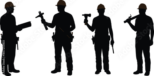 Construction worker silhouettes, hard hat safety, tool belt equipment, building teamwork, industrial labor, professional trades, skilled workforce, repair maintenance, engineering crew