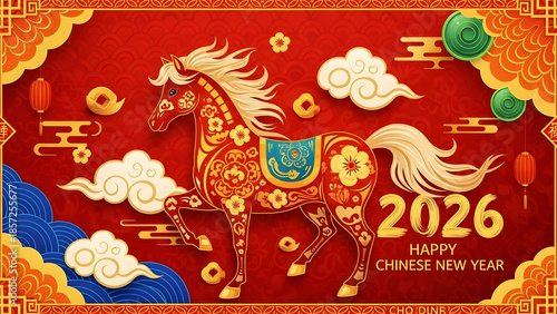Decorative Chinese New Year 2026 Horse with Floral Patterns and Clouds on Red Background