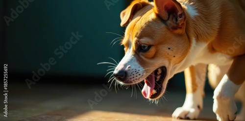 Starving dog, cat cleaning its face; close-up shot, drool, craving, clean