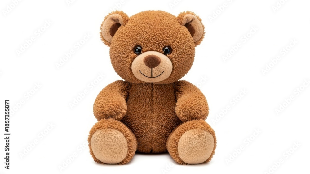 Obraz premium A fluffy brown teddy bear sits facing forward against a white background