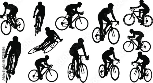 Cyclist silhouettes riding road bicycles, dynamic sports vector illustration, racing competition, athletic training, outdoor exercise, fitness lifestyle, cycling team artwork, black design