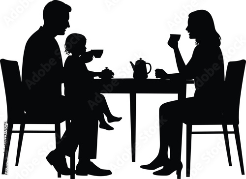 Family silhouette drinking tea together, parents with child at table, coffee time icon, breakfast bonding illustration, home lifestyle vector