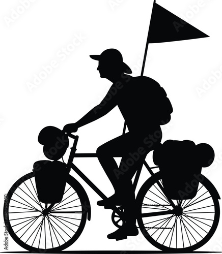 Cyclist silhouette riding bicycle with backpack and panniers, touring bike traveler icon, adventure cycling illustration, long distance journey vector