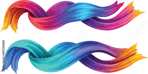 Abstract colorful paint brush strokes in flowing wave shapes, vibrant gradient ribbons with artistic texture isolated on white