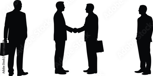 Businessmen handshake silhouette with briefcase, corporate agreement, teamwork, negotiation, partnership, professional meeting, collaboration, success, business deal, white background