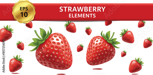 Realistic strawberry vector elements with ripe red berries, green leaves, isolated fruit collection for food design on white background