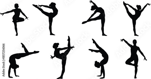 Collection of eight black silhouettes showing gymnastics and dance poses, flexible athlete movements, artistic fitness illustration for sport, choreography, training