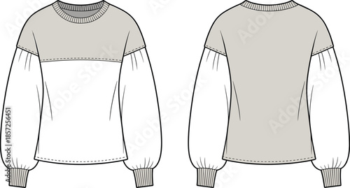 Color block sweatshirt flat sketch, front and back technical drawing, fashion vector template, apparel design illustration, clothing silhouette for designers