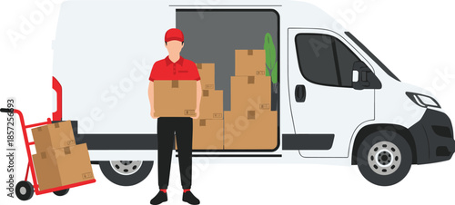 Delivery man with cardboard box, courier service illustration, cargo van logistics, package shipping, moving boxes, express transport, warehouse distribution, cartoon design