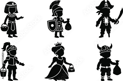 Children Halloween costume silhouettes, princess knight pirate viking roman egyptian set collection