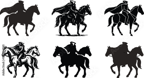 Cloaked horse riders silhouettes, mysterious night horseback figure illustration collection set vector