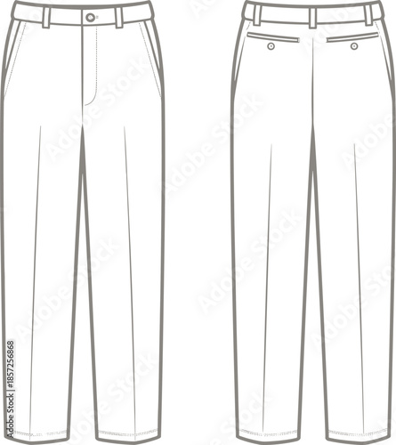 Classic men trousers technical flat sketch, front and back view fashion cad drawing, apparel design vector, tailoring garment construction illustration