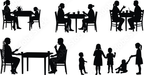 Dining silhouettes, family meal, restaurant interaction, parent and child, lifestyle, communication, bonding, social gathering, eating together, children playing, relationship illustration