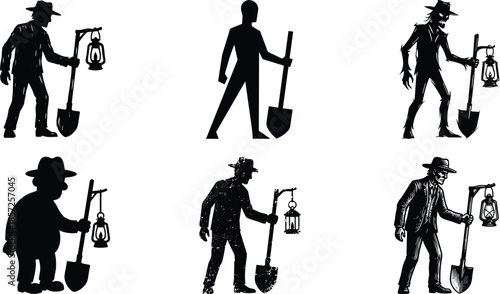 Gravedigger silhouettes with shovel and lantern, spooky night worker illustration set collection