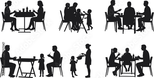 Dining silhouettes, family meal, restaurant interaction, parent and child, lifestyle, communication, bonding, social gathering, eating together, relationship, conversation, illustration