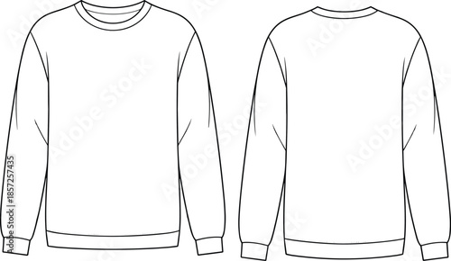 Cad drawing flat vector illustration, technical fashion sketch plain crewneck sweatshirt front back view, long sleeve apparel design template, garment outline