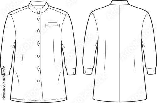 Cad drawing flat vector illustration, technical fashion sketch long coat tunic front back view, apparel design template, garment outline