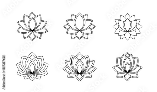 Minimal monoline Thai lotus rosette vector icon set isolated on white background