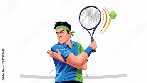 Tennis Player in Action on the Court, Hitting a Ball with Racket, Sports Illustration
