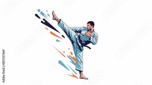 Dynamic Martial Arts Illustration of a Man in Action Pose with Vibrant Splashes