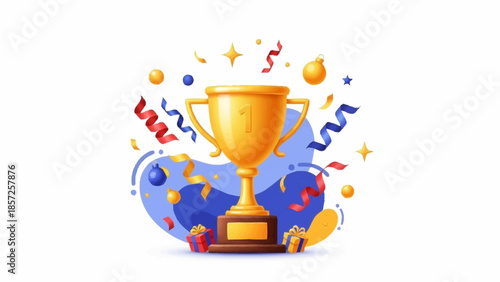 Golden Trophy Celebrating Victory with Confetti and Streamers on a Blue Background