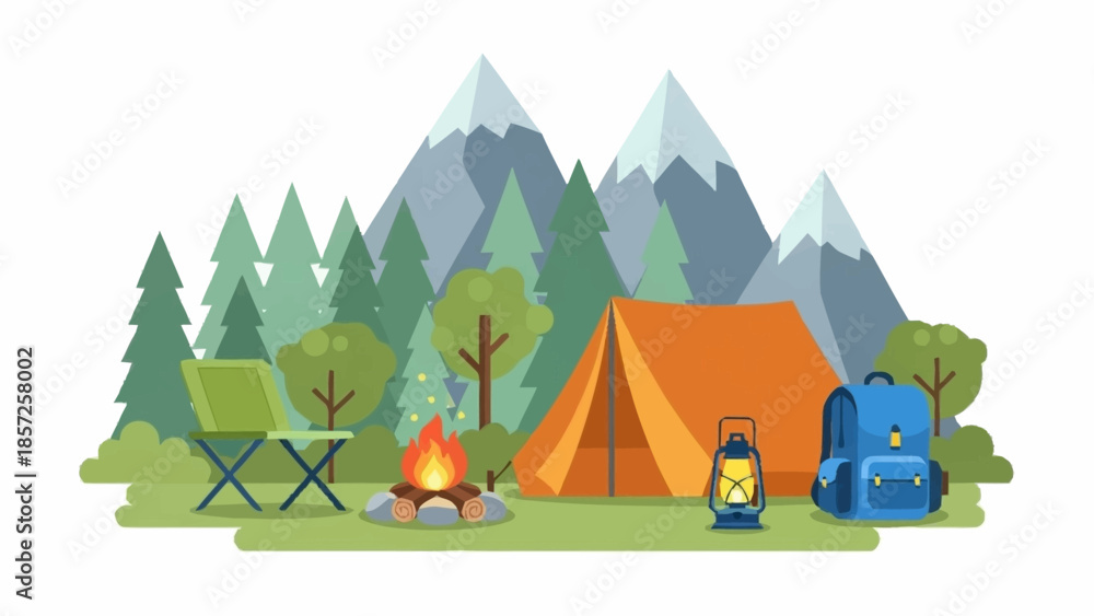Naklejka premium Camping scene with tent, campfire, and mountains in the background