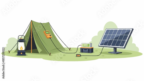 Sustainable Camping Scene with Solar Panel and Tent in a Serene Environment