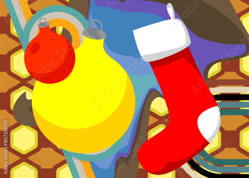 Retro 70s Background with Christmas stocking and decoration ball. Groovy Holiday 1970s art template. Minimalistic Vintage design poster. Old-fashioned color artwork.