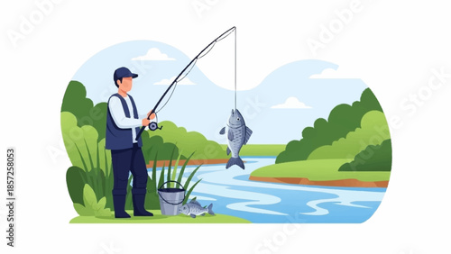 Man fishing on a serene riverbank with a large fish caught in the water